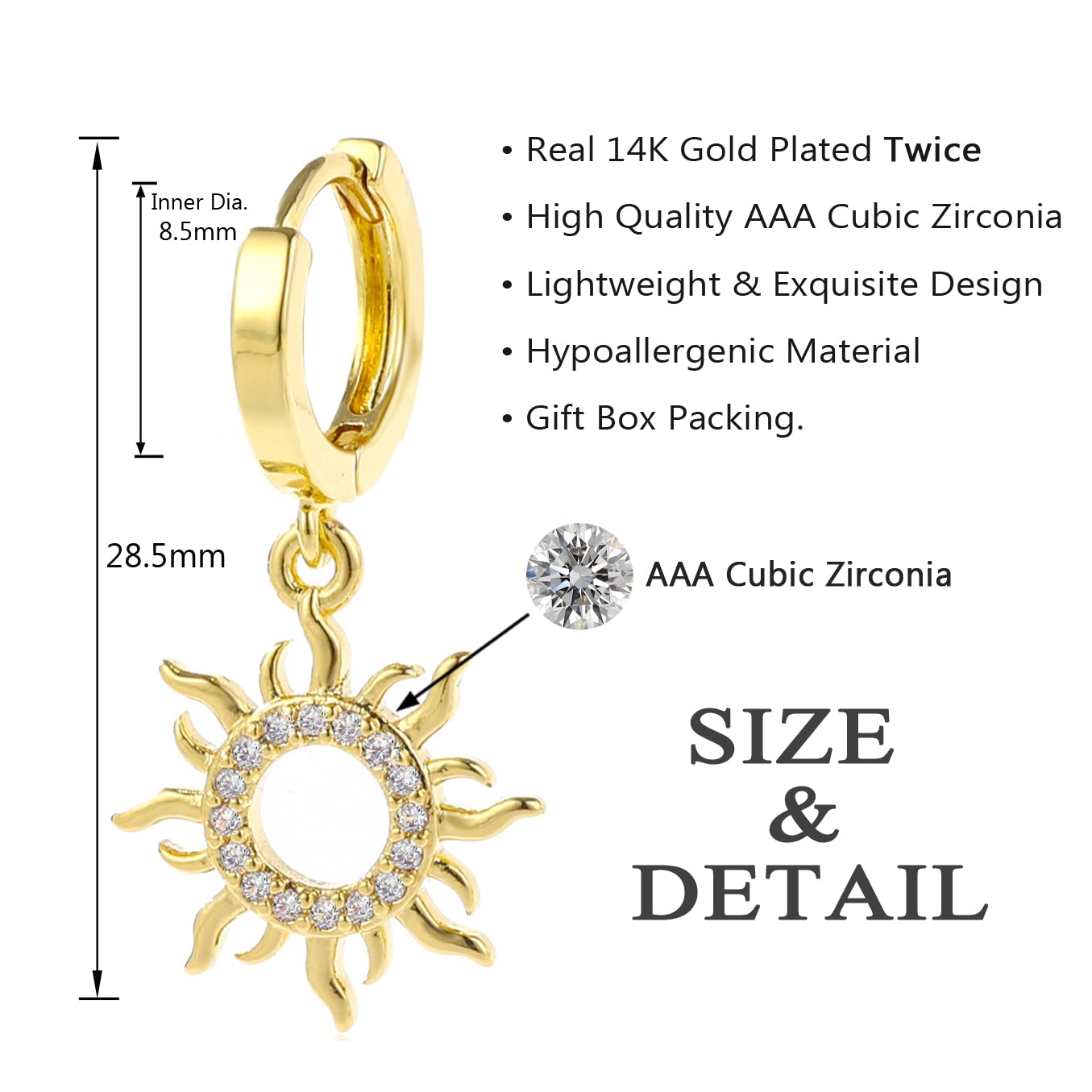 14K Gold Plated Sun Charm Dangle Huggie Hoop Earrings for Women - Hypoallergenic CZ Drop Statement Earrings - Trendy Dainty Nap Earrings for Everyday Wear, Date Night & Special Occasions