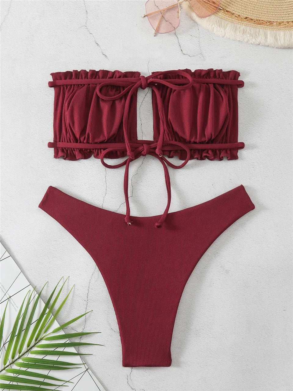Sexy Back Lace Up Bikini Set - Women's Solid Hollow Out Swimwear for Beach & Pool - Perfect for Summer Vacation, Tropical Getaways and Swim Parties