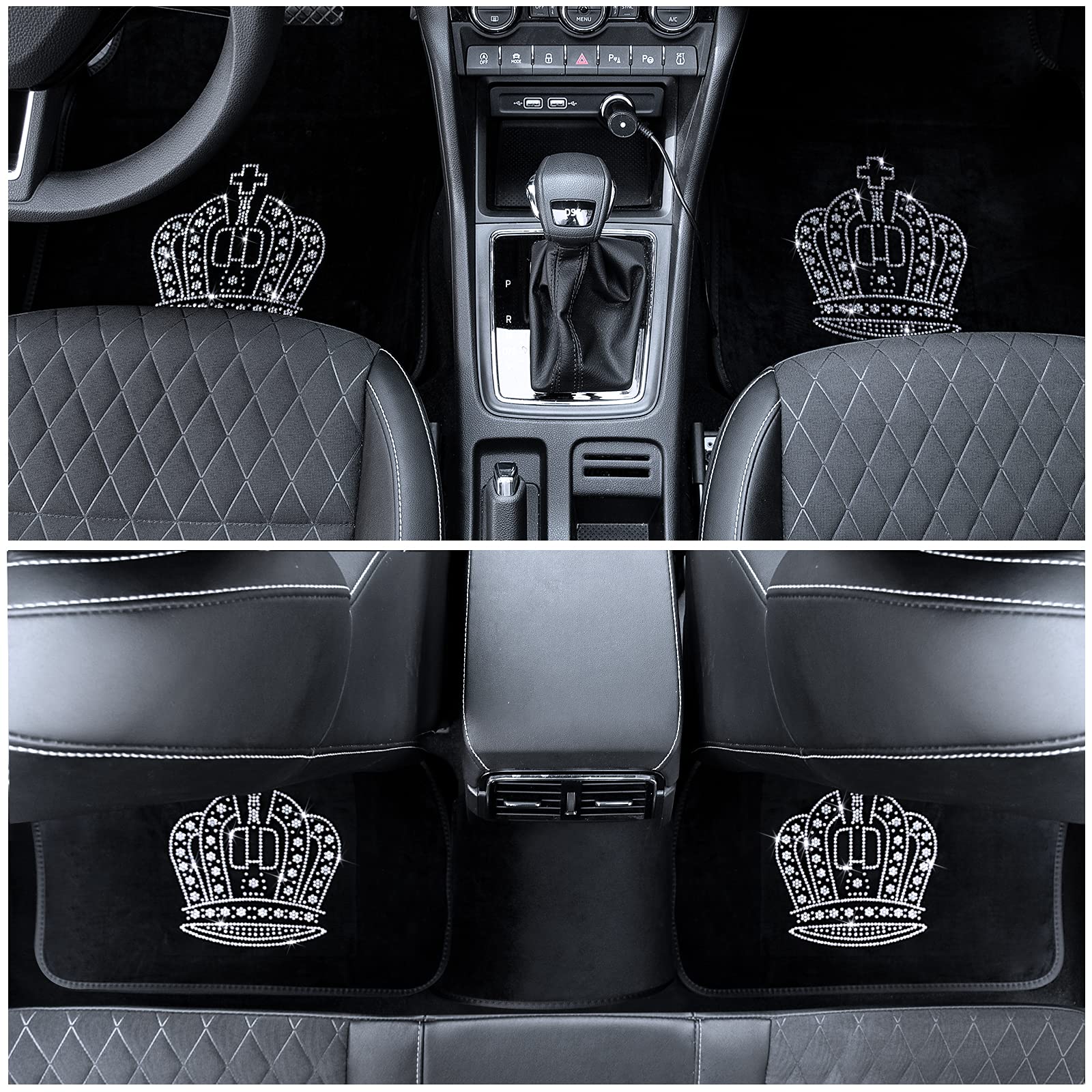 Premium Front & Rear All-Weather Car Floor Mats - Universal Fit for SUV, Van & Truck - 5-Piece Bling Crown Cushion Set (Pure White) - Perfect for Daily Commute, Road Trips & Vehicle Protection