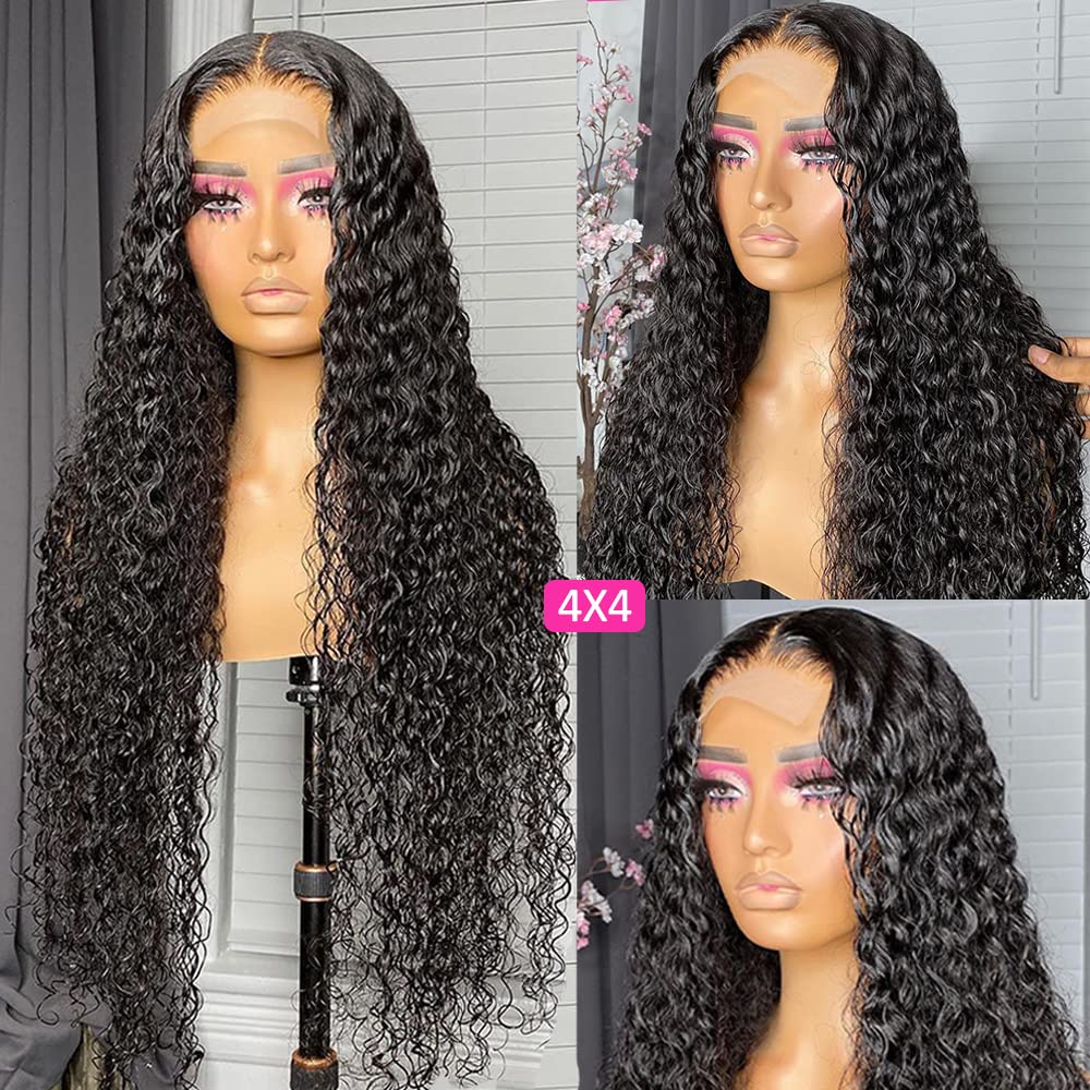 Glueless 4x4 Lace Closure Wigs Human Hair - Pre Plucked HD Water Wave Lace Front Wigs for Black Women - 150% Density Brazilian Virgin Hair - Wet & Wavy Lace Frontal Wig with Baby Hair & Natural Hairline - 12 Inch - Perfect for Daily Wear, Parties & Special Occasions