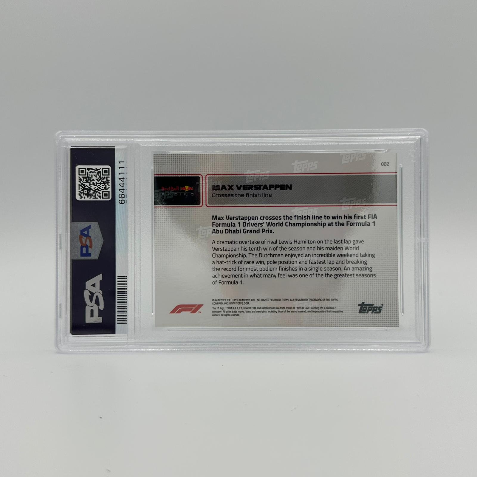 PSA 9 Graded /99 Max Verstappen Crosses The Finish Line #82 - Limited Edition Racing Collectible for F1 Fans & Sports Memorabilia Enthusiasts - Perfect for Display in Man Caves, Sports Bars & Collector Showcases