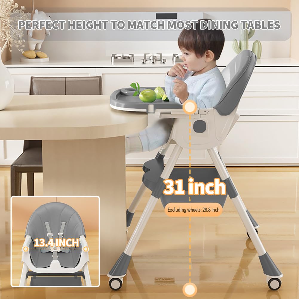 5-in-1 Foldable Baby High Chair with Adjustable Height & Recline - Portable Toddler Feeding Seat with Removable Tray, PU Cushion & Locking Wheels - Perfect for Home, Travel & Restaurant Use