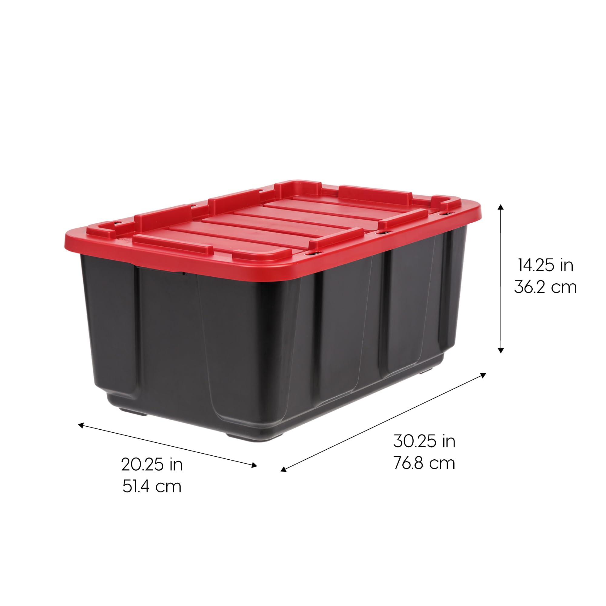 IRIS USA 27 Gallon Heavy Duty Truck Bed Toolbox Storage Tote Bins with Lids, 4 Pack - Durable Stackable Industrial Containers for Garage Organization, Workshop & Outdoor Use - Made in USA - Black/Red