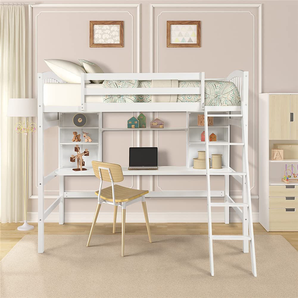 **Twin Size Pinewood Loft Bed Frame with Built-in Desk & Storage Shelves - Sturdy Bedroom Furniture with Guardrails & Removable Inclined Ladder (White) - Perfect for Kids' Rooms, Dorms & Small Spaces**