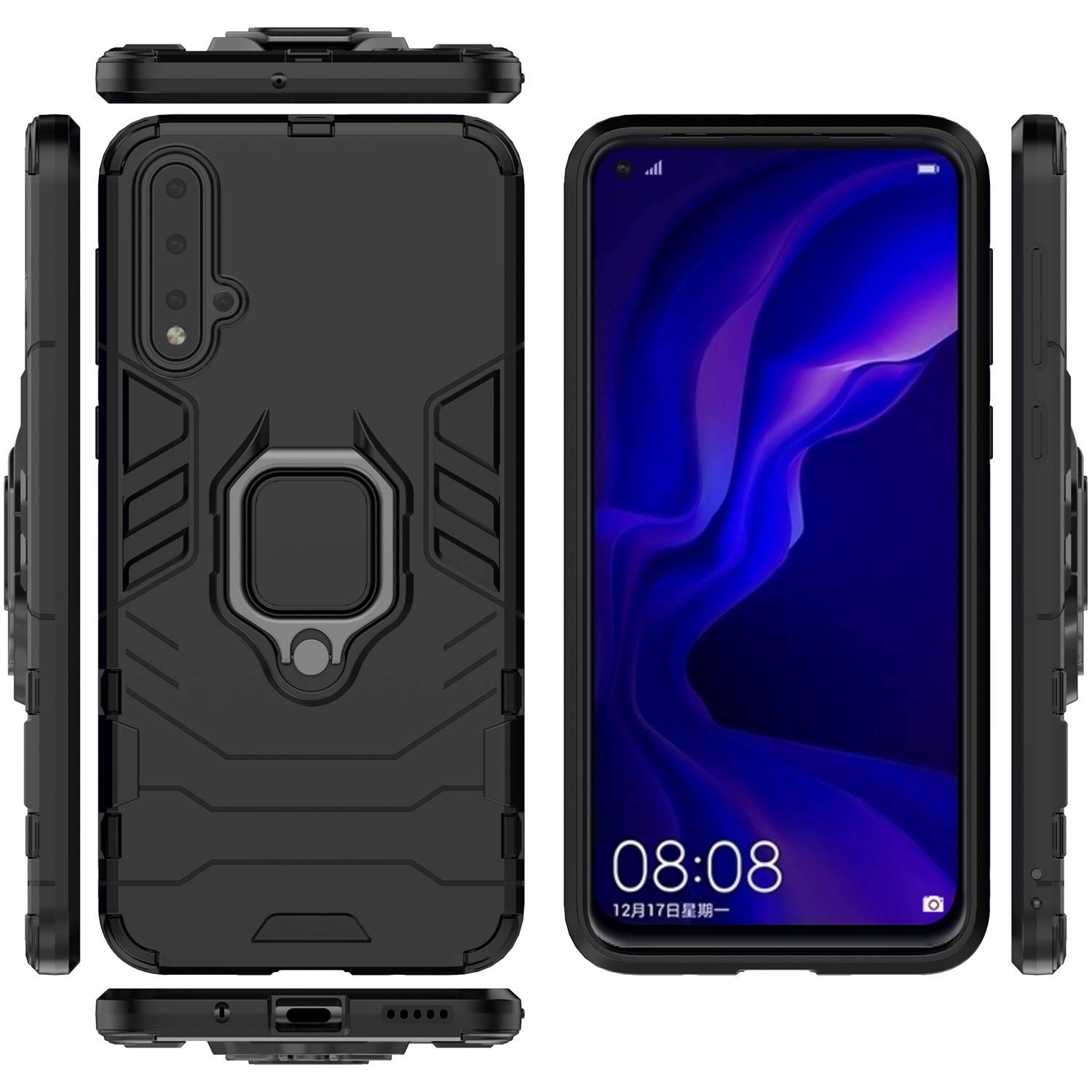 LuluMain Huawei Nova 5/Nova 5 Pro Case with Metal Ring & Kickstand - Shockproof Hard Bumper Phone Cover Compatible with Magnetic Car Mount - Dual Layer Rugged Protection (Black) - Perfect for Work, Travel & Outdoor Activities
