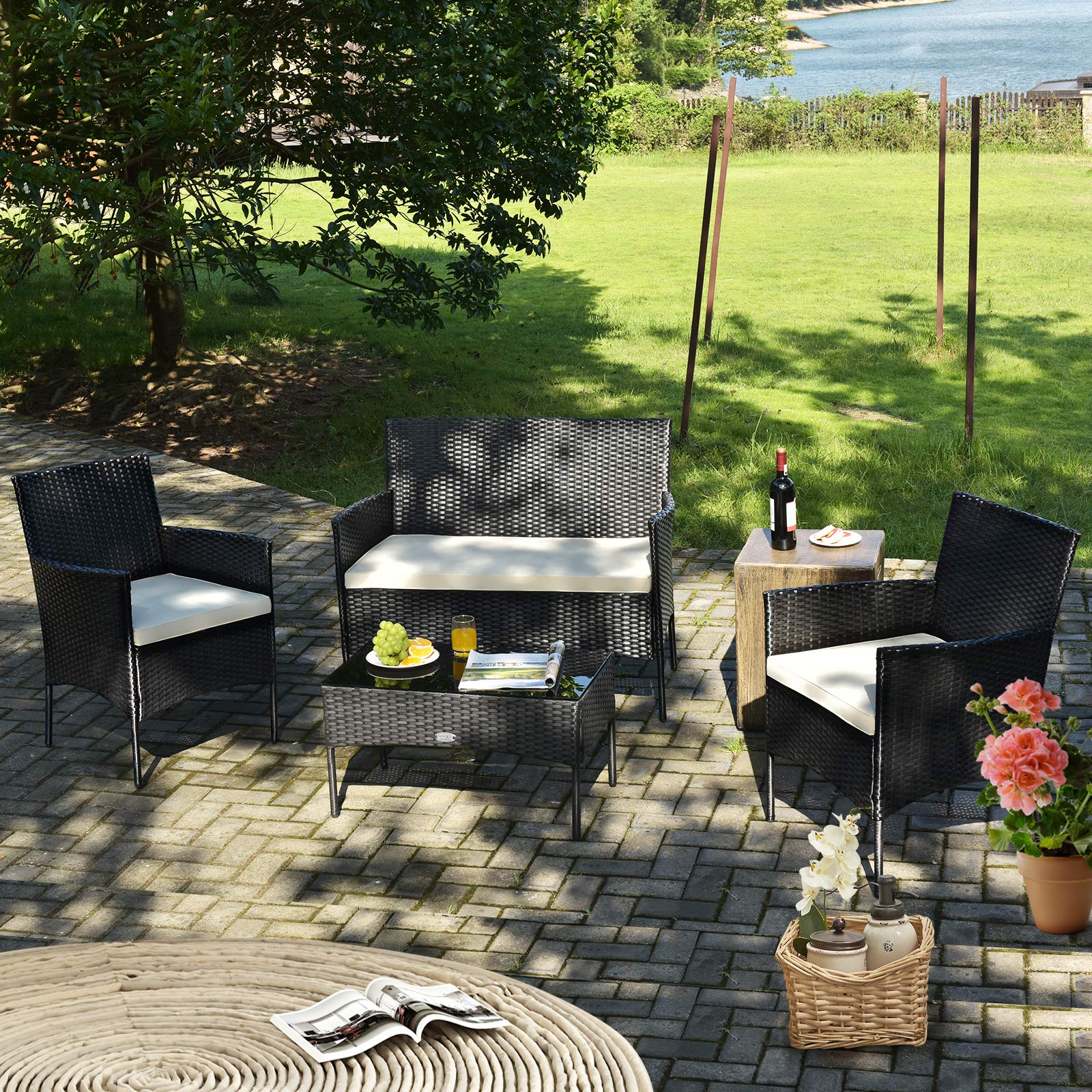RELAX4LIFE 4-Piece Outdoor Wicker Furniture Set - Rattan Patio Conversation Set with Cushioned Chairs, Loveseat & Coffee Table - Beige Wicker Patio Set for Poolside, Balcony, Garden or Backyard Relaxation
