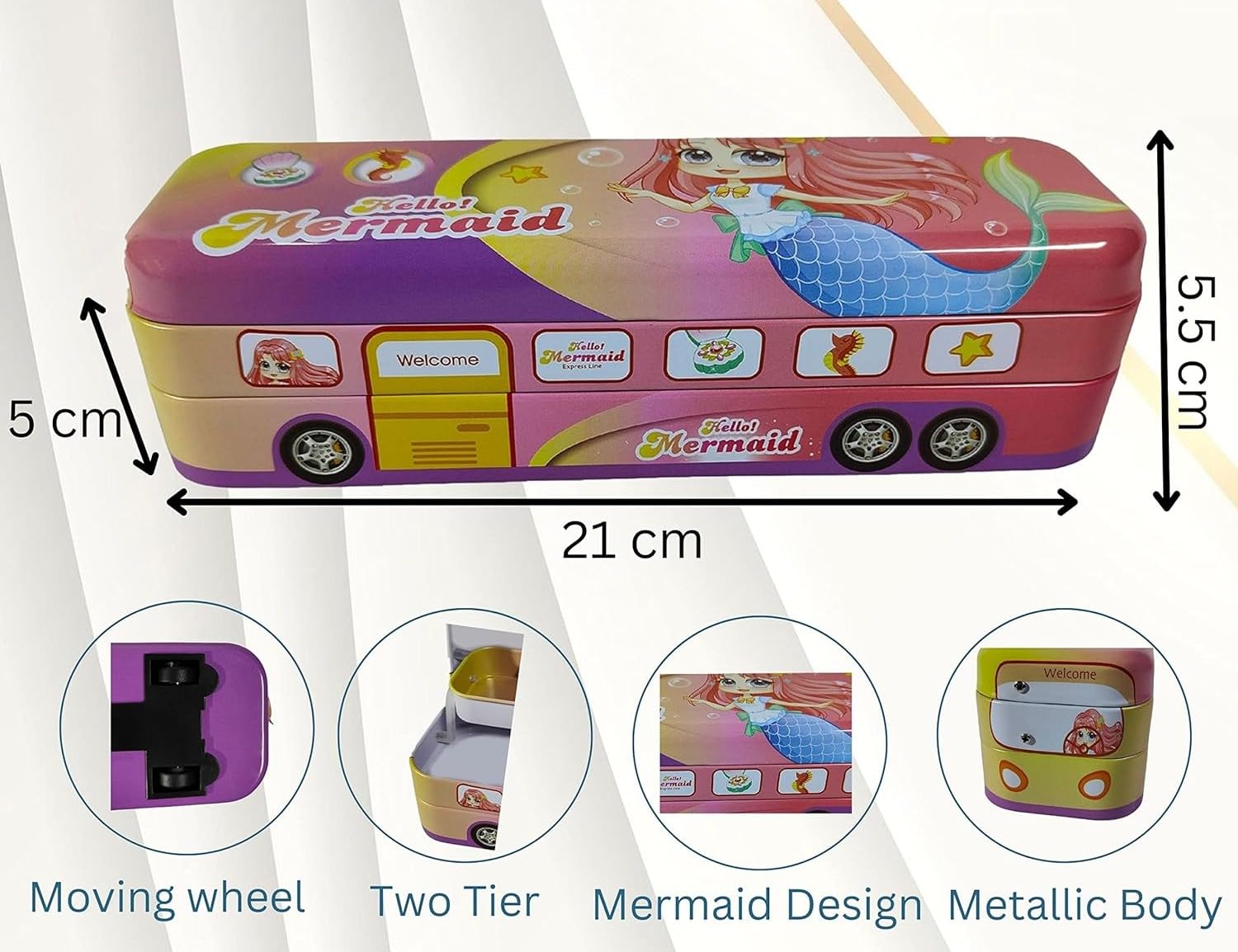 Prayosha Enterprise Metal String Operated Wheel Bus-Shaped Pencil Case - Colorful Geometry School Supply Box with Pull & Move Function (Hello Mermaid Design) for Students, Backpack Organization & Unique Gift Ideas