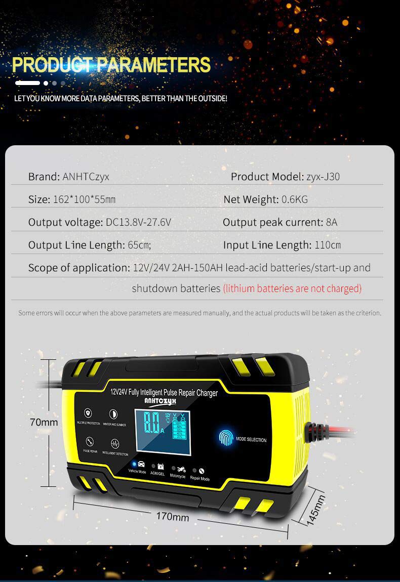 KKHouse 12V-24V 8A Smart Car Battery Charger with LCD Display - Automatic Charging for Wet/Dry Lead Acid Batteries - Ideal for Automotive, Marine, RV & Power Equipment Maintenance