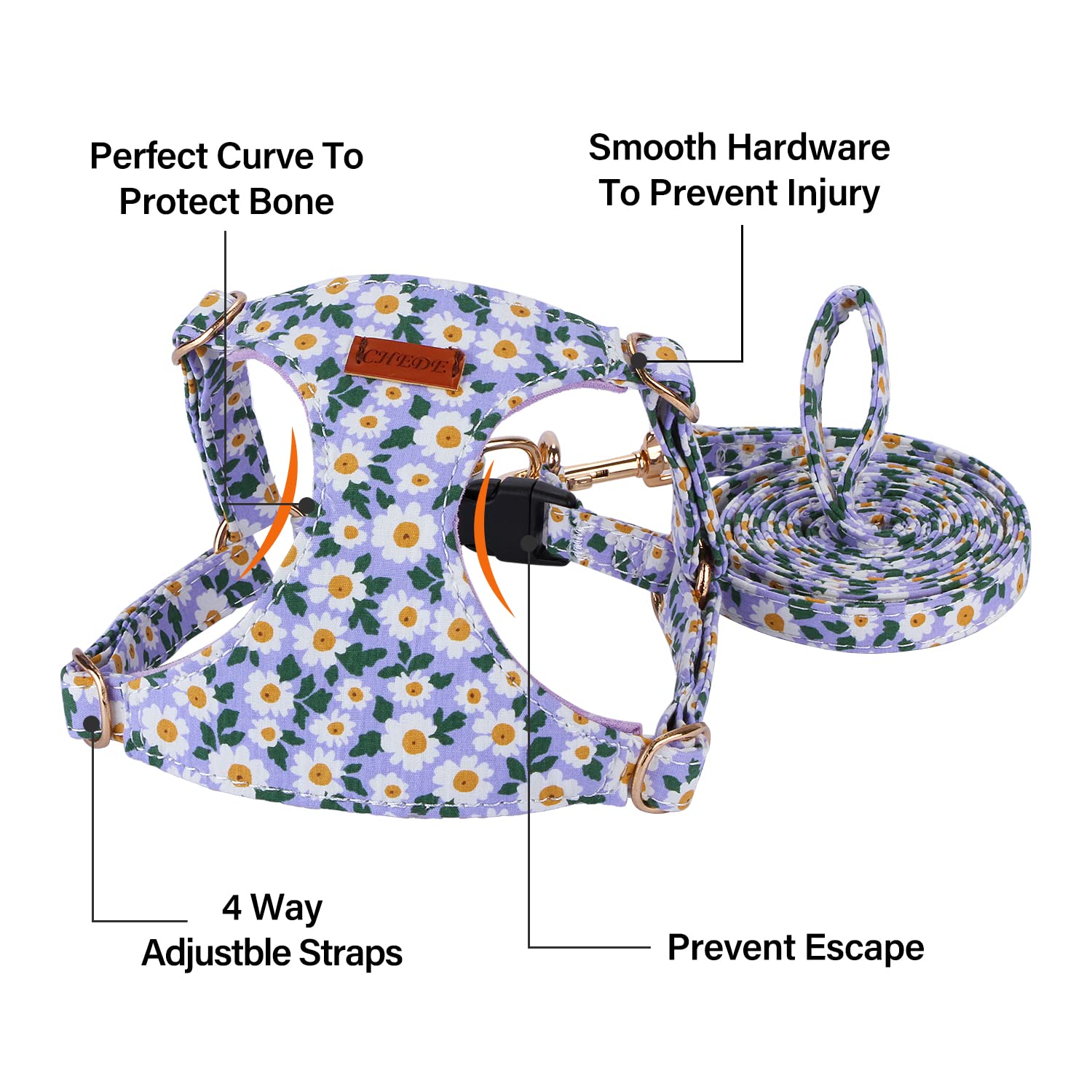 No Pull Floral Dog Harness & Leash Set - Adjustable Soft Pet Vest for Small Medium Dogs, Lightweight Puppy Harness with Daisy Pattern (S, Purple) - Perfect for Walking, Training, and Outdoor Adventures