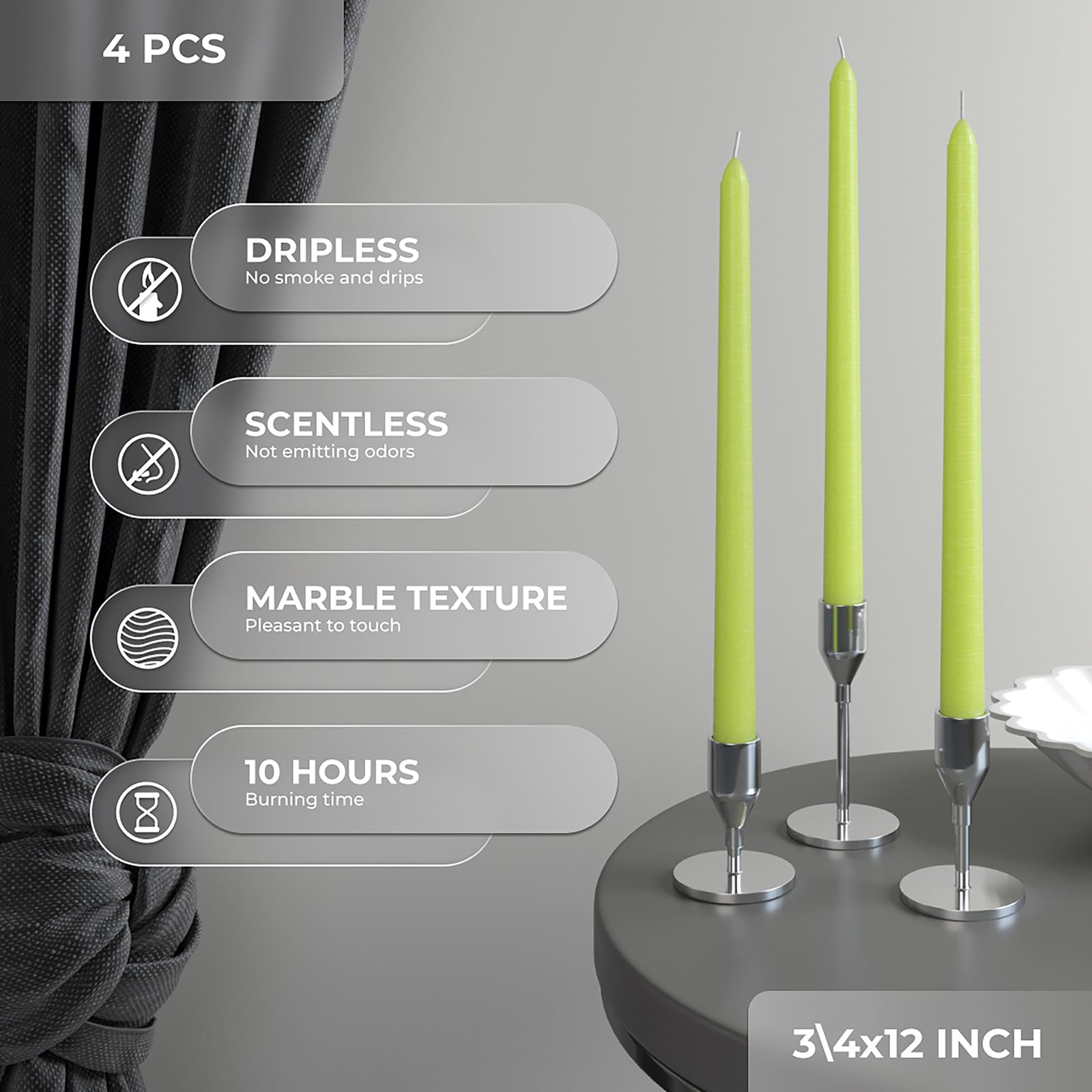 Premium 12 Inch Unscented Taper Candles - Set of 4 Dripless, Smokeless, Slow-Burning Olive Candles for Dining, Weddings & Home Decor | CANDWAX