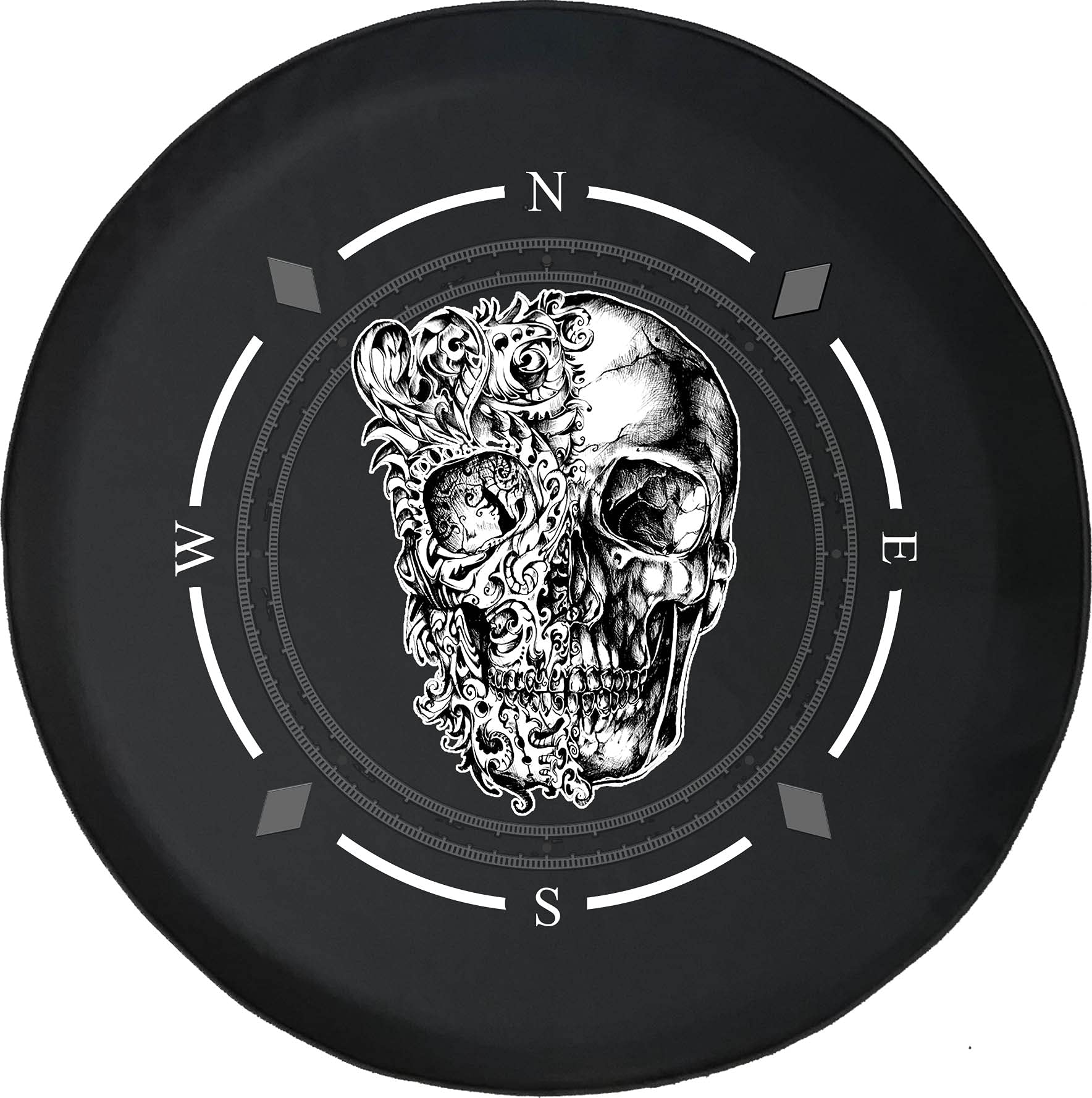 American Unlimited Spare Tire Cover with Compass & Vintage Half Skull Design - Universal Fit for SUV, Trailer, RV & Most Vehicles - Perfect for Off-Road Adventures & Camping Trips