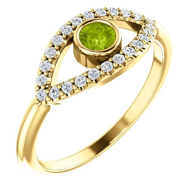 14K Gold 0.22ct Peridot & 0.48ctw White Sapphire Evil Eye Protection Ring for Women - Elegant Jewelry Gift for Birthday, Anniversary & Good Luck Charm