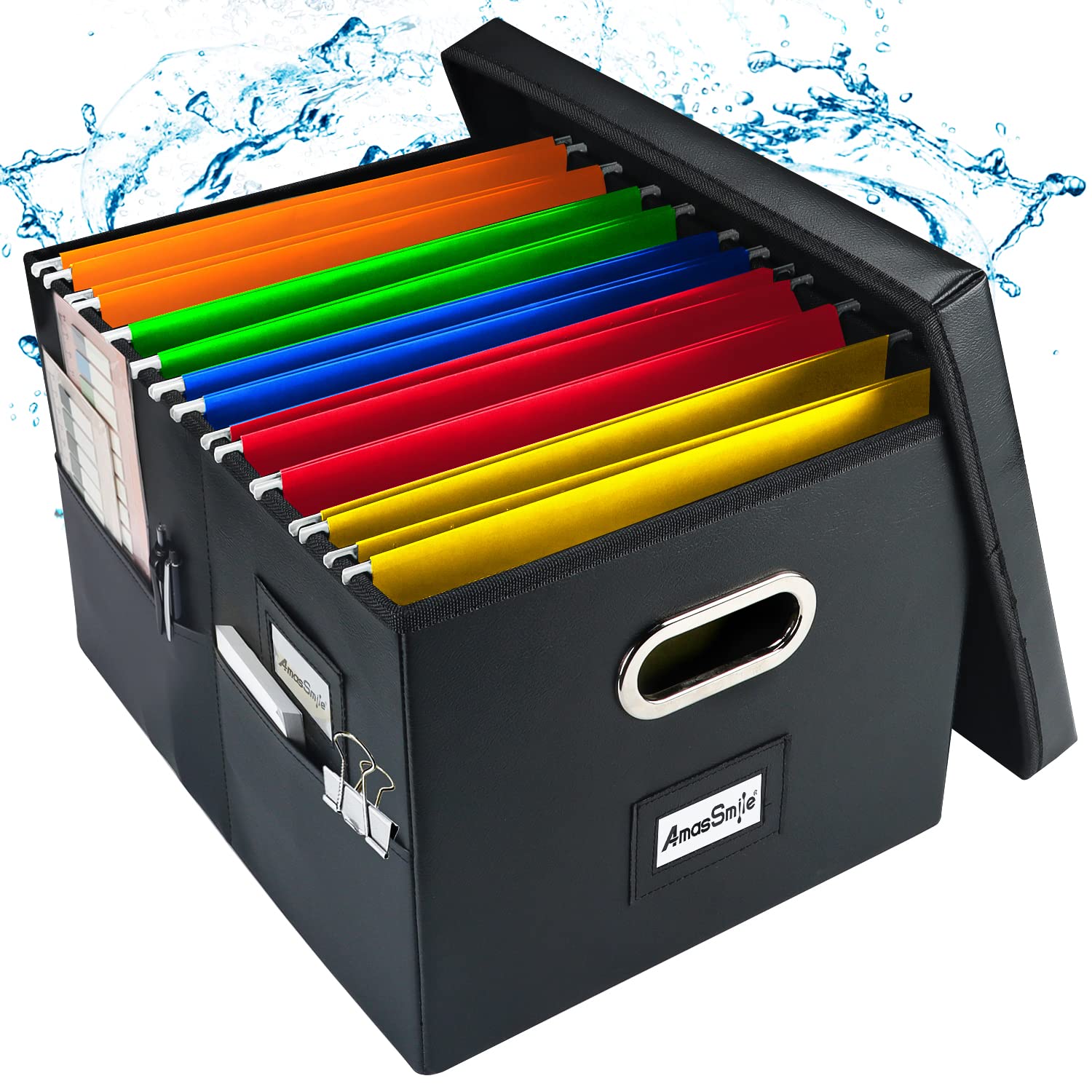 AmasSmile® Leather File Organizer Box with Lid - Collapsible Office Document Storage for Letter/Legal Size Folders, Books, Records - Portable Handle Design for Pens, Blankets & Home/Office Organization (Black) - Perfect for Desk, Shelf & Travel Use