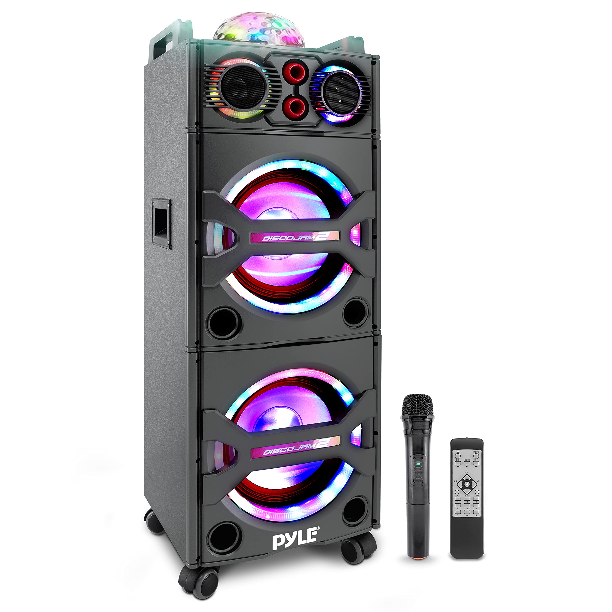 Pyle Portable Bluetooth PA Speaker System - 2000W High Power Active Outdoor Speaker with Wireless Microphone, LED Lights, USB/AUX Input, FM Radio & VHF Cordless Handheld Mic - Perfect for Parties, Outdoor Events, DJ Performances and Public Speaking