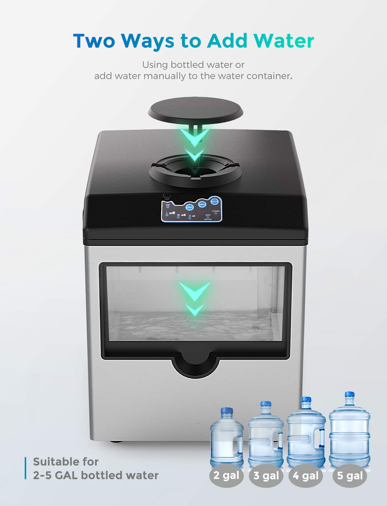 2 in 1 Countertop Ice Maker Machine - 48lbs Daily Output, Stainless Steel Portable Ice Cube Maker with Scoop & 4.5lb Storage Basket - Perfect for Home, Office, Parties & Outdoor Activities