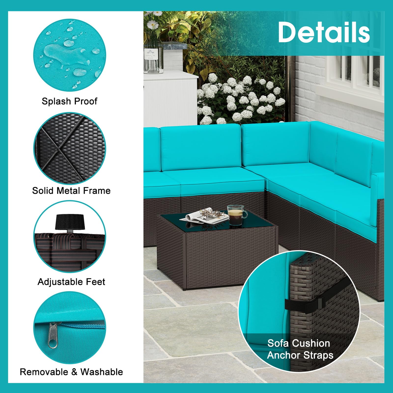 Kinbor 7-Piece Outdoor Furniture Set - Waterproof PE Wicker Patio Sofa with Cushions for Backyard, Poolside & Porch in Turquoise | Perfect for Relaxing, Entertaining & Outdoor Dining
