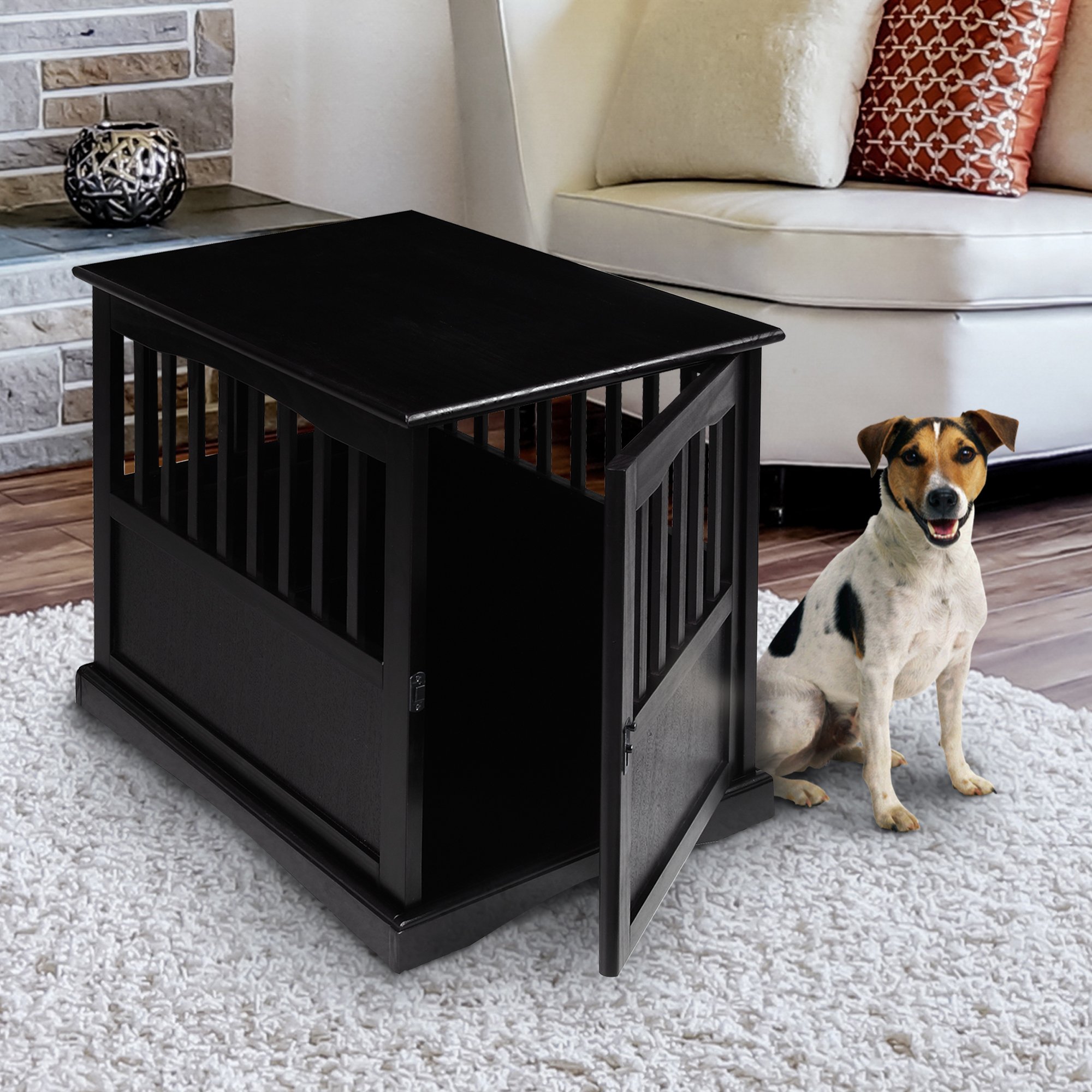 Stylish Wooden Pet Crate & End Table - Medium Size, Modern Black Finish | Perfect for Living Room, Bedroom or Office Decor | Durable Dog Crate Furniture with Dual Functionality