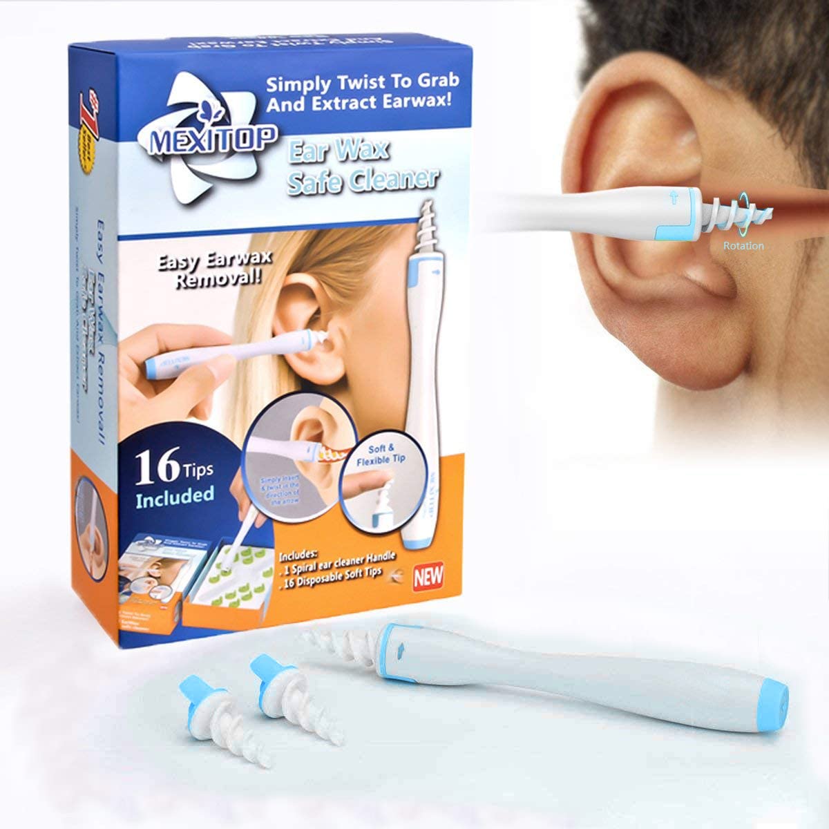 Q Grips Ear Wax Remover Tool - Safe Spiral Ear Cleaner with 16 Replacement Heads, Gentle Earwax Removal Kit for Adults & Kids - Perfect for Travel, Home Use and Daily Ear Hygiene Care