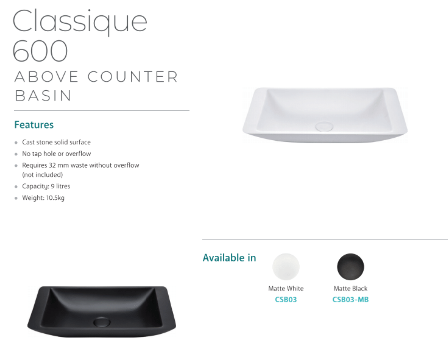 Fienza CSB03 600mm White Matte Solid Surface Bathroom Sink - Modern Above Counter Basin for Vanity, Powder Room & Guest Bathroom
