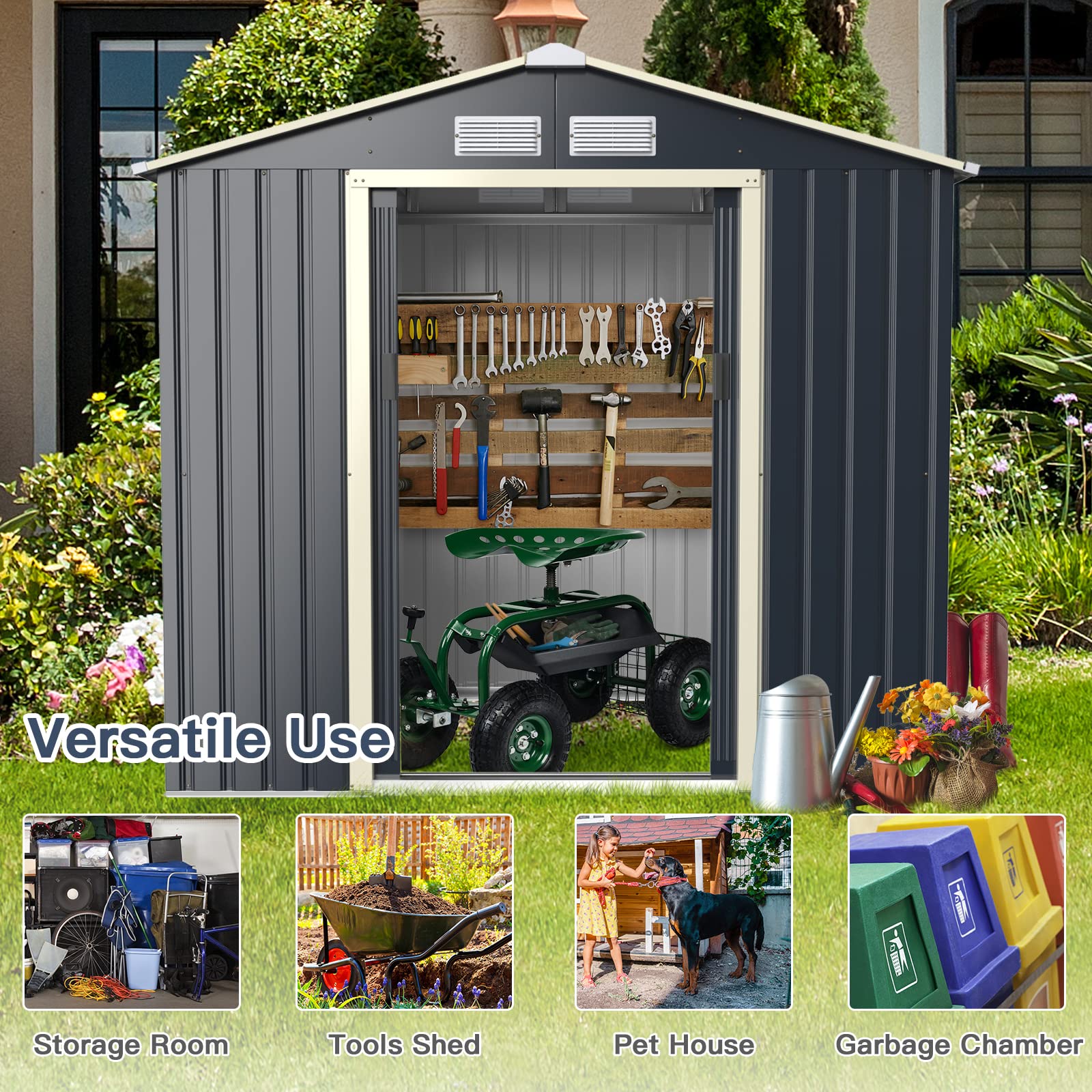 Giantex 7x4 FT Outdoor Storage Shed with Double Sliding Doors - Galvanized Metal Garden Storage Room with Front & Back Ventilation - Weatherproof Tool Shed for Backyard, Patio, Lawn & Garage Organization (Perfect for Storing Lawn Mowers, Gardening Tools & Seasonal Items)