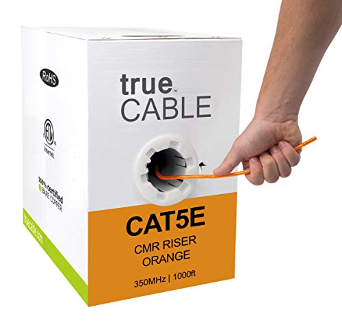 trueCABLE Cat5e Riser (CMR) 1000ft Bulk Ethernet Cable - 24AWG 4 Pair Solid Bare Copper, 350MHz, PoE++ (4PPoE), Unshielded Twisted Pair (UTP), ETL Listed - Orange | Ideal for Office Networking, Data Centers & High-Speed Internet Installations