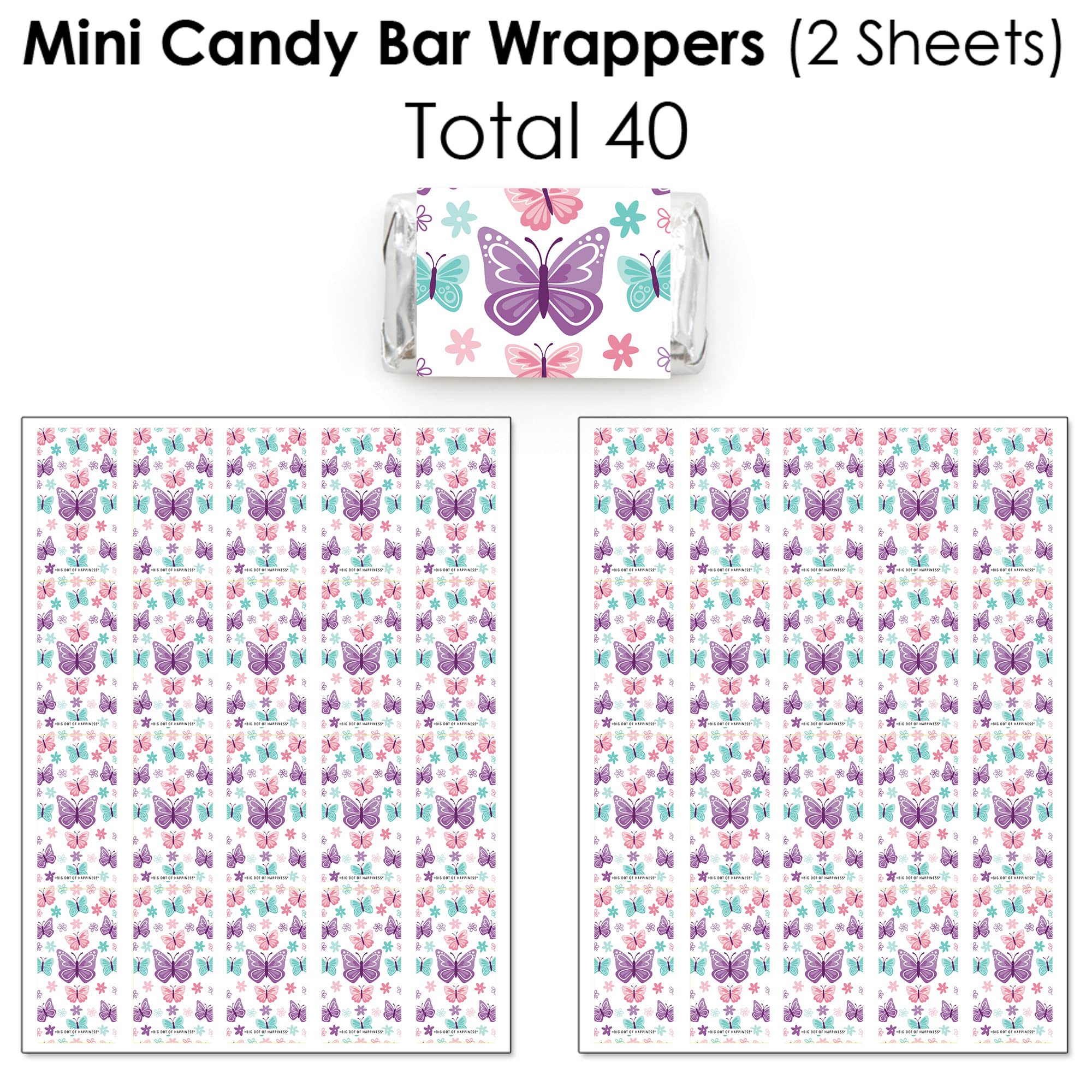 Beautiful Butterfly Mini Candy Bar Wrappers & Circle Stickers - 304-Piece Floral Baby Shower Birthday Favor Kit - Perfect for Party Decorations, Wedding Favors, and DIY Craft Projects