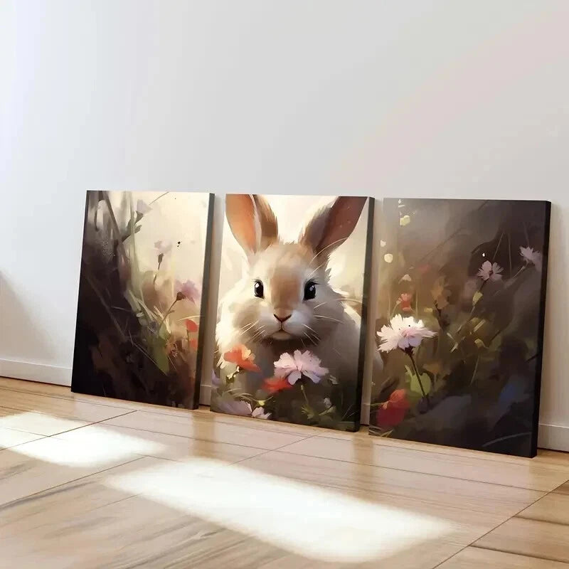 3-Piece Abstract Cute Bunny Flowers Brown Rabbit Wall Art Set - Framed Canvas 40x60cm (16x24in) - High Quality Print, 100% Australian Made - Ready to Hang - Perfect for Nursery, Kids Room & Home Decor