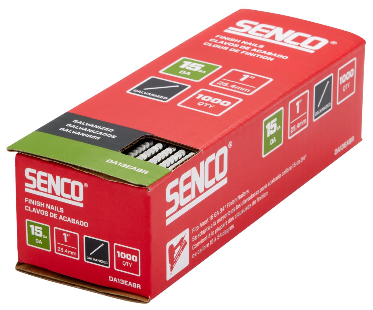 SENCO DA13EABR 1-Inch 15 Gauge Galvanized Finish Nails - 1000 Count Pack for Woodworking, Trim Installation & Carpentry Projects