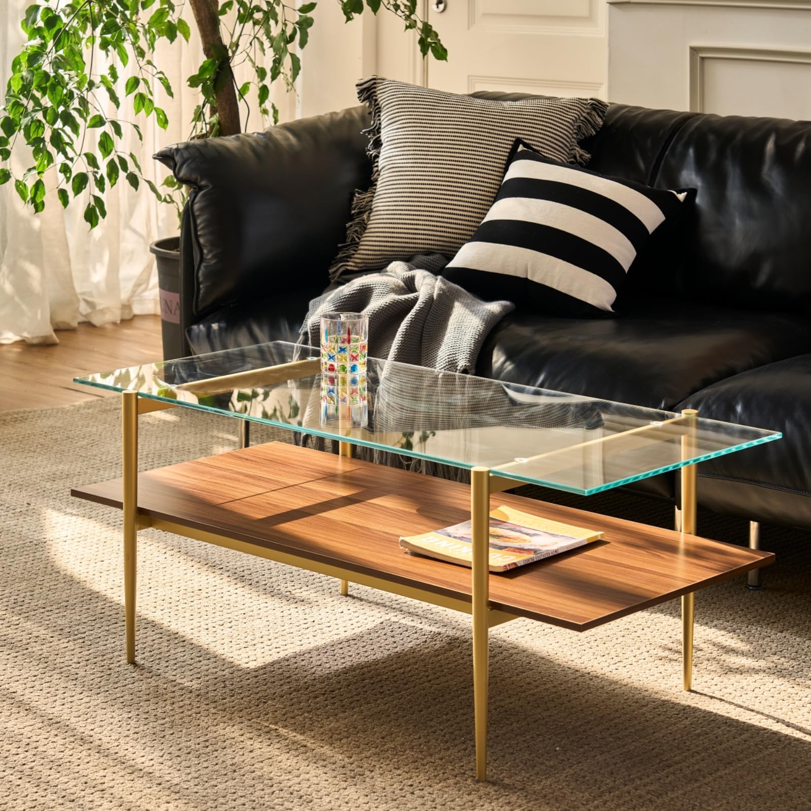Saint Mossi Tadio Modern Glass Coffee Table - Clear Double Layer Design with Coffee Brown Bottom Shelf for Living Room | Perfect for Lounge, Family Gatherings & Home Decor