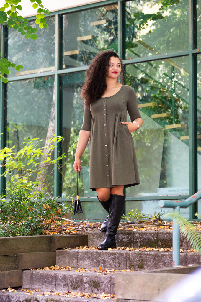 Stylish Nelly 3/4 Sleeve Bamboo Dress in Yarn-Dyed Khaki - Perfect for Office Wear & Casual Outings