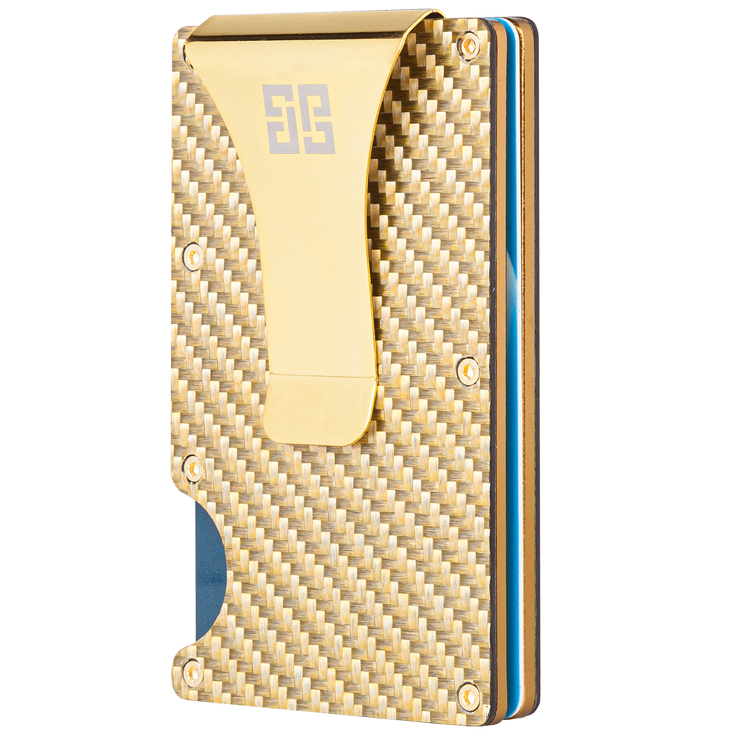 Slim Carbon Fiber RFID Blocking Wallet for Men - Ultra Thin Credit Card Holder with Money Clip (12 Cards + 9 Bills) - Anti-Scratch Front Pocket Minimalist Wallet (3.4x2.2x0.35 Inches) - Golden - Perfect for Travel, Business & Everyday Carry