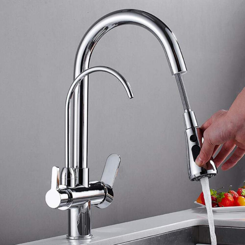 Premium 3-Way Water Filter Kitchen Faucet - Brass Chrome-Plated Pull-Out Sprayer with 360° Rotation | Hot & Cold Water Purification System | Ideal for Modern Kitchens, RV Camping & Outdoor Cooking