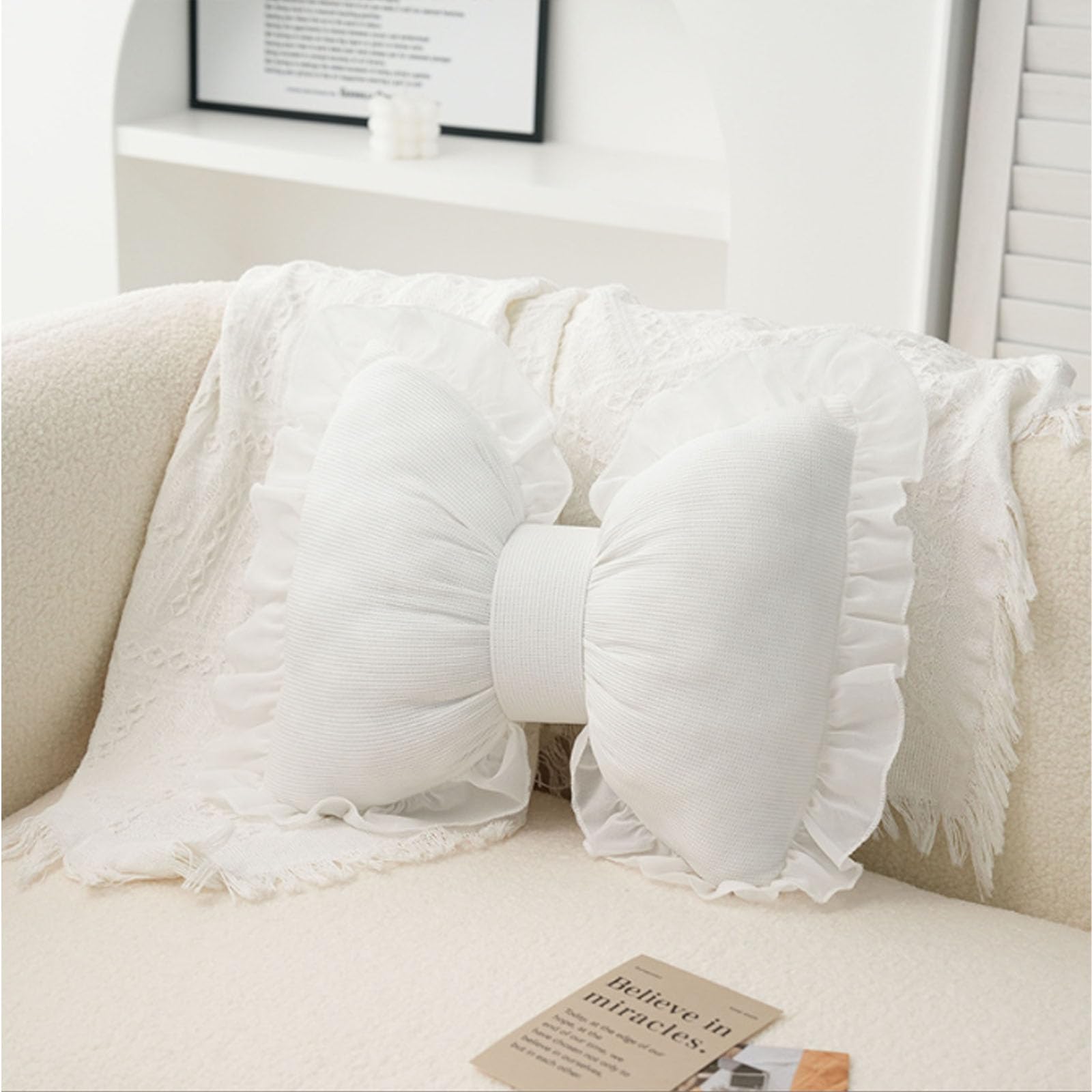 Decorative Bow Shaped Pillow - Pink Lace Bowknot Throw Pillow for Sofa, Couch, Bed, Living Room & Bedroom | Soft & Stylish Home Decor Accent - Perfect for Girls' Rooms, Nursery, Wedding Decor & Photo Props (White)