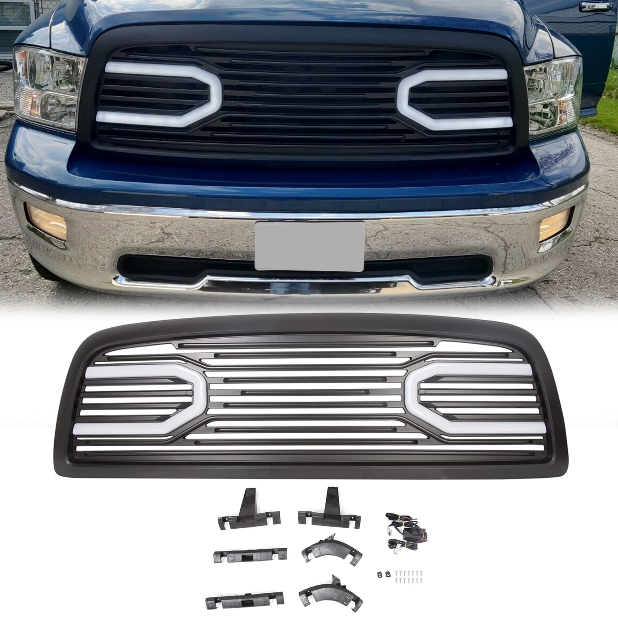 HECASA Gloss Black Front Hood Bumper Grille Replacement Shell with Lights - Compatible with 2009-2012 Dodge Ram 1500 | Perfect for Off-Roading & Truck Customization