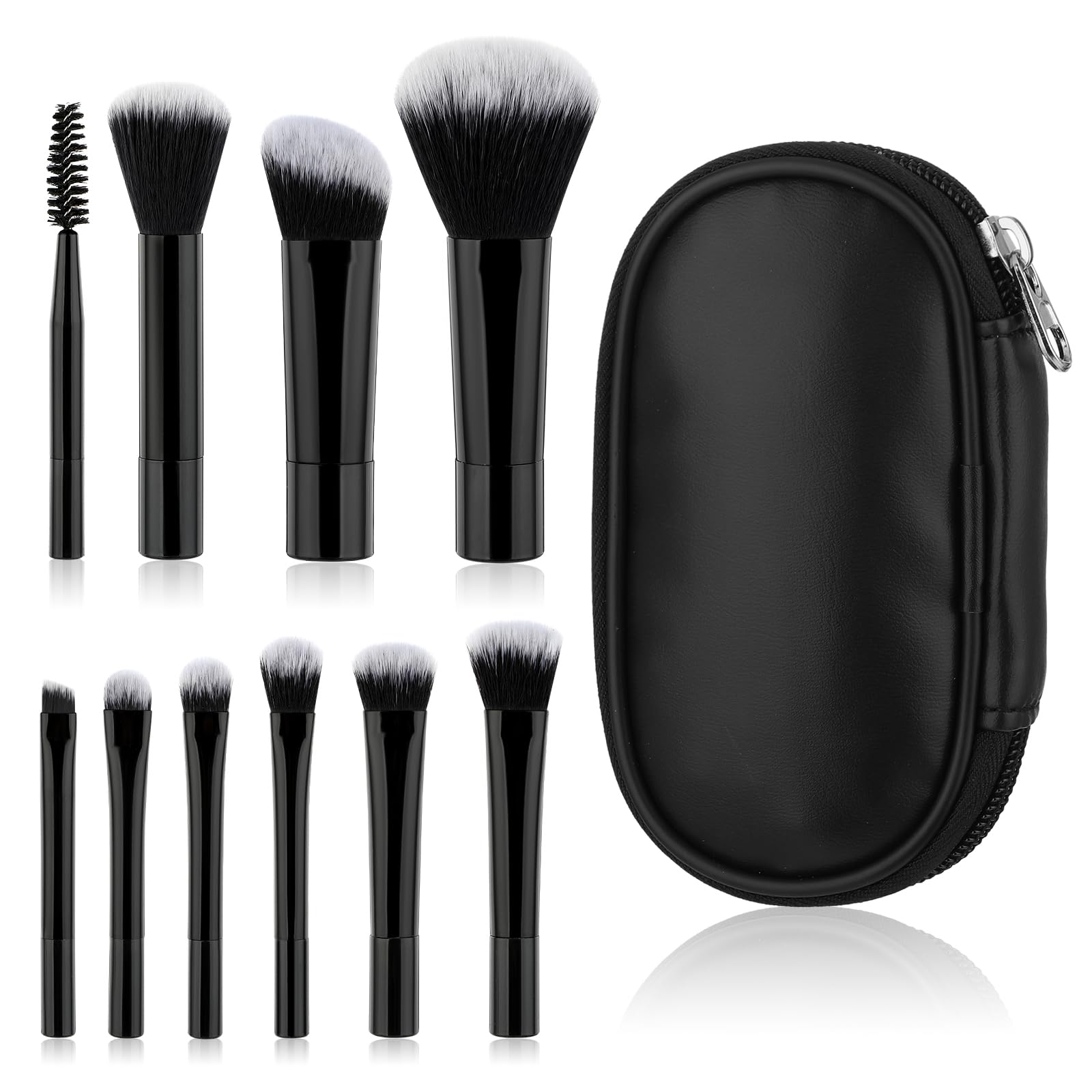 10 Pcs Professional Travel Makeup Brush Set - Black Mini Cosmetic Brushes with Pouch for Foundation, Blush, Powder & Eyeshadow | Portable Compact Size for On-the-Go Makeup & Travel Essentials