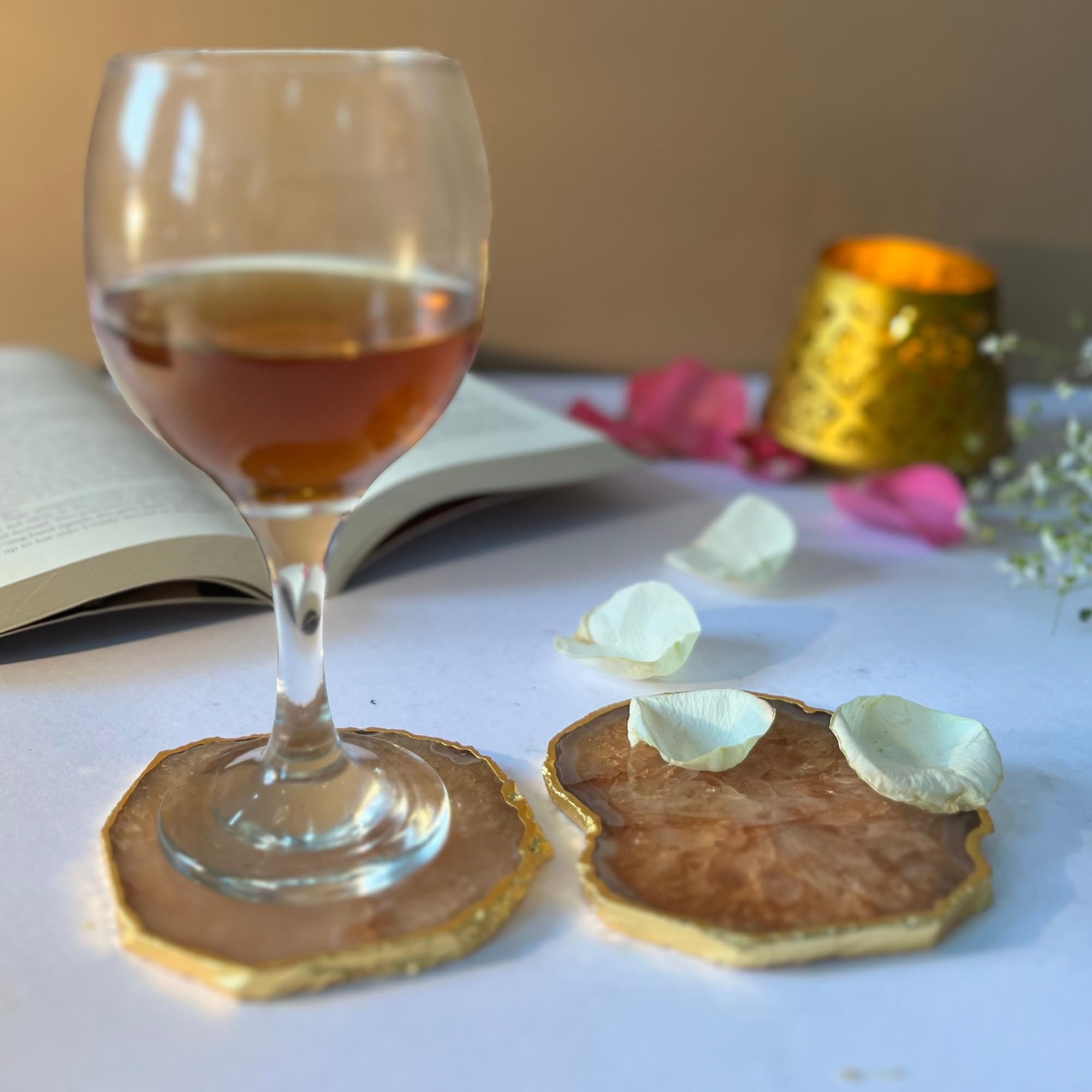 Premium Agate Stone Coasters Set of 2 - Gold Plated Drink Coasters for Coffee, Tea, Beer & Hot Pots - Elegant Table Protectors for Dining, Bar & Home Decor (Brown) - Perfect for Parties, Gifts & Daily Use