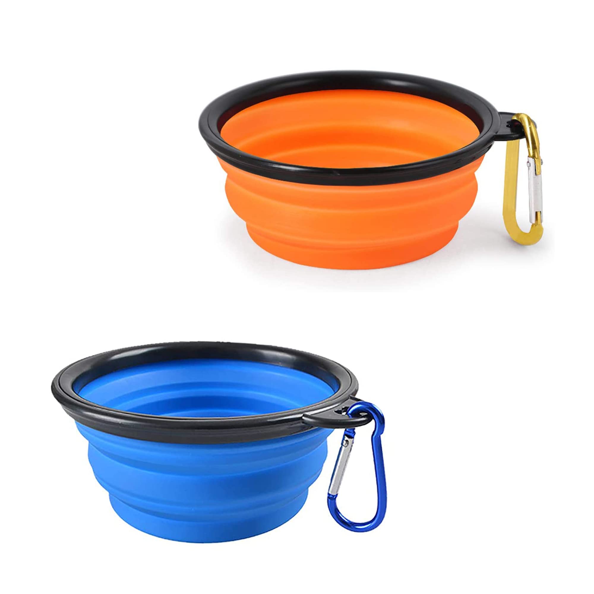 Collapsible Silicone Pet Bowl Set for Dogs & Cats - 2 Pack Travel Pop-Up Bowls with Carabiner (Orange & Blue) - Perfect for Hiking, Camping & Outdoor Adventures