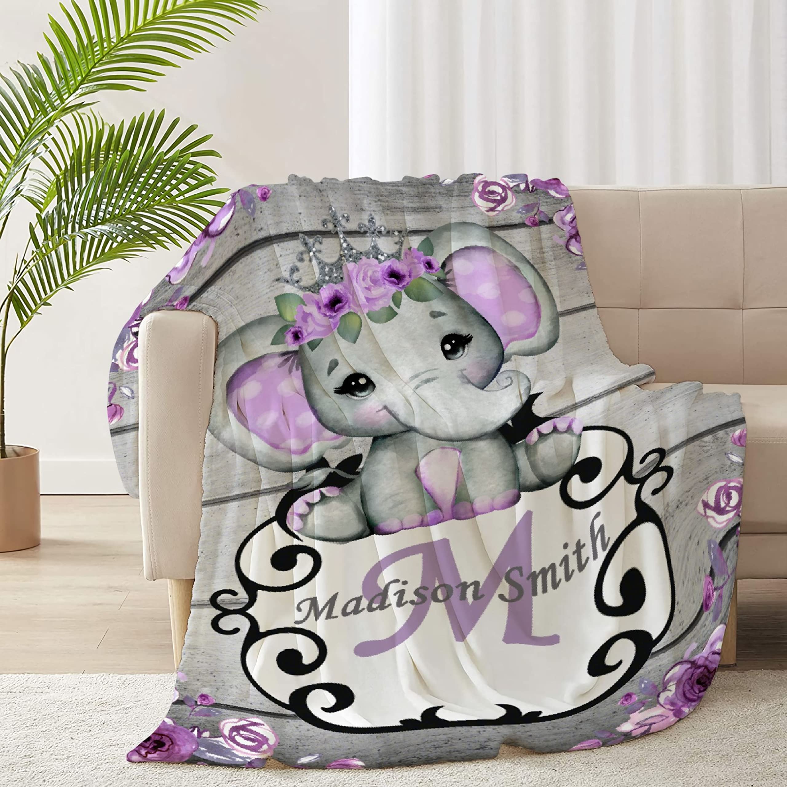Personalized Baby Blanket with Name - Purple Floral Elephant Design Custom Fleece Blanket for Boys & Girls | Baby Shower, Birthday Gift for Daughter, Granddaughter, Niece | 120x90 Inch Large Soft Blanket for Nursery, Stroller, Travel & Family Cuddles