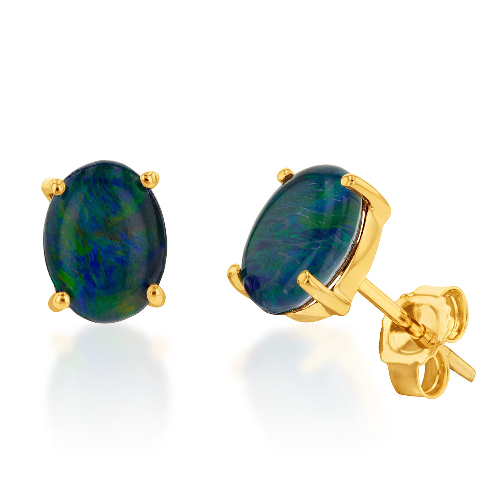 9ct Yellow Gold 8x6mm Triplet Opal Stud Earrings - Perfect for Everyday Wear, Gift Giving & Special Occasions