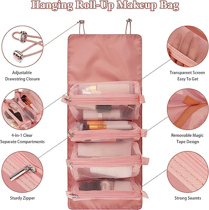 Viraaji Makeup Pouch for Women | Waterproof Travel Cosmetic Bag with 4 Compartments | Foldable Hanging Toiletry Organizer | Detachable Makeup Case (Pink) - Perfect for Travel, Gym & Daily Beauty Storage