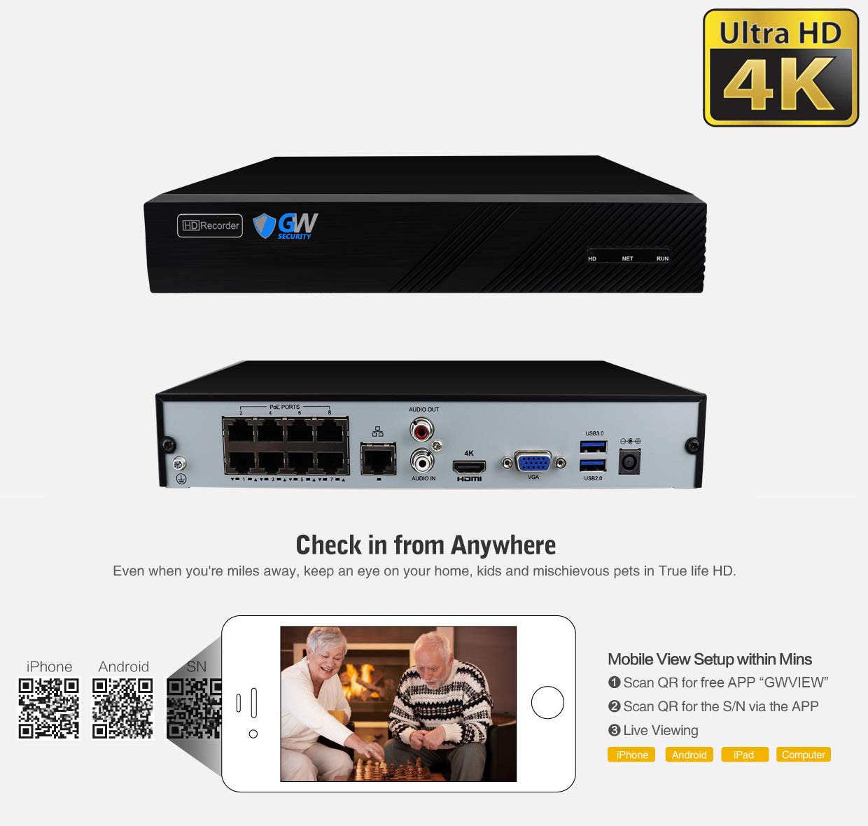 GW Security 8 Channel 4K NVR 5MP POE Audio & Video Surveillance System with 8 Weatherproof Bullet Cameras - AI Human & Vehicle Detection, Built-in Microphone, Pre-Installed 2TB HDD | Ideal for Home Security, Business Monitoring & Outdoor Surveillance