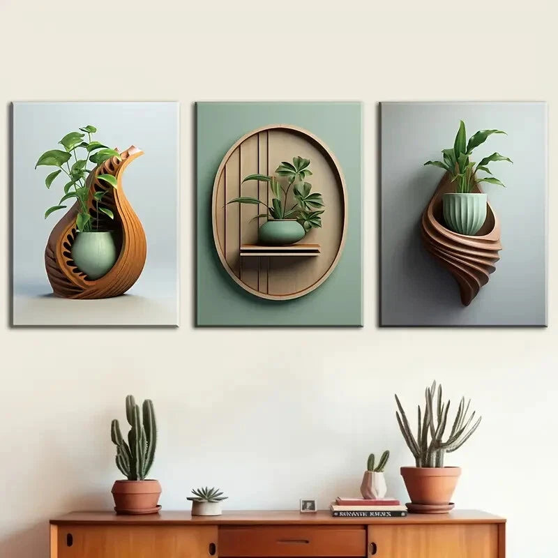 3-Piece Metal Wall Art Prints with Plant Vase Design - Ready to Hang Home Decor for Living Room, Bedroom & Office