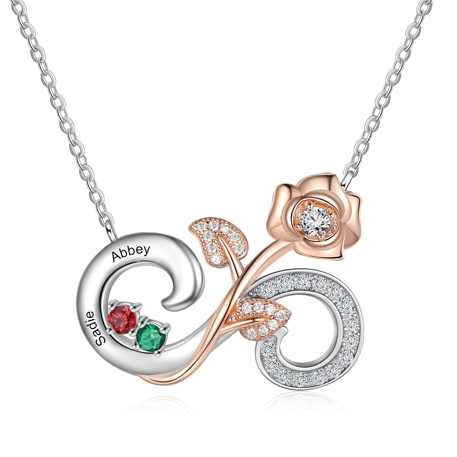 Personalized Rose Infinity Name Necklace with 2-4 Simulated Birthstones - Custom Silver & Rose Gold Name Necklace for Mom, BFF, Family - Perfect Gift for Mother's Day, Birthday, Anniversary & Special Occasions