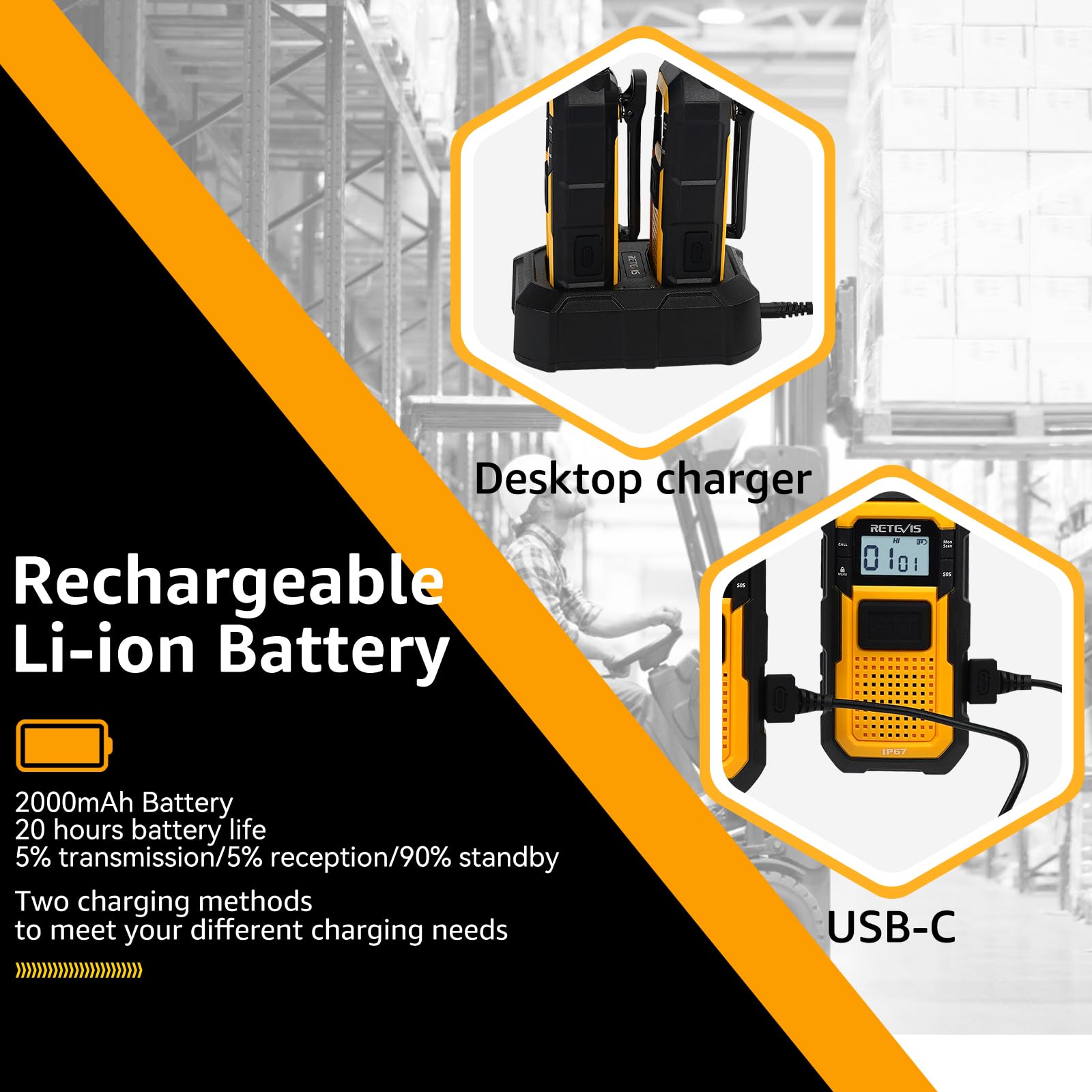 Retevis RB48 Heavy Duty Waterproof Walkie Talkies - 2 Pack Long Range Two Way Radios with 2000mAh Battery, Triple Proof Design for Job Site, Construction, Outdoor Adventures & Emergency Communication (Yellow)