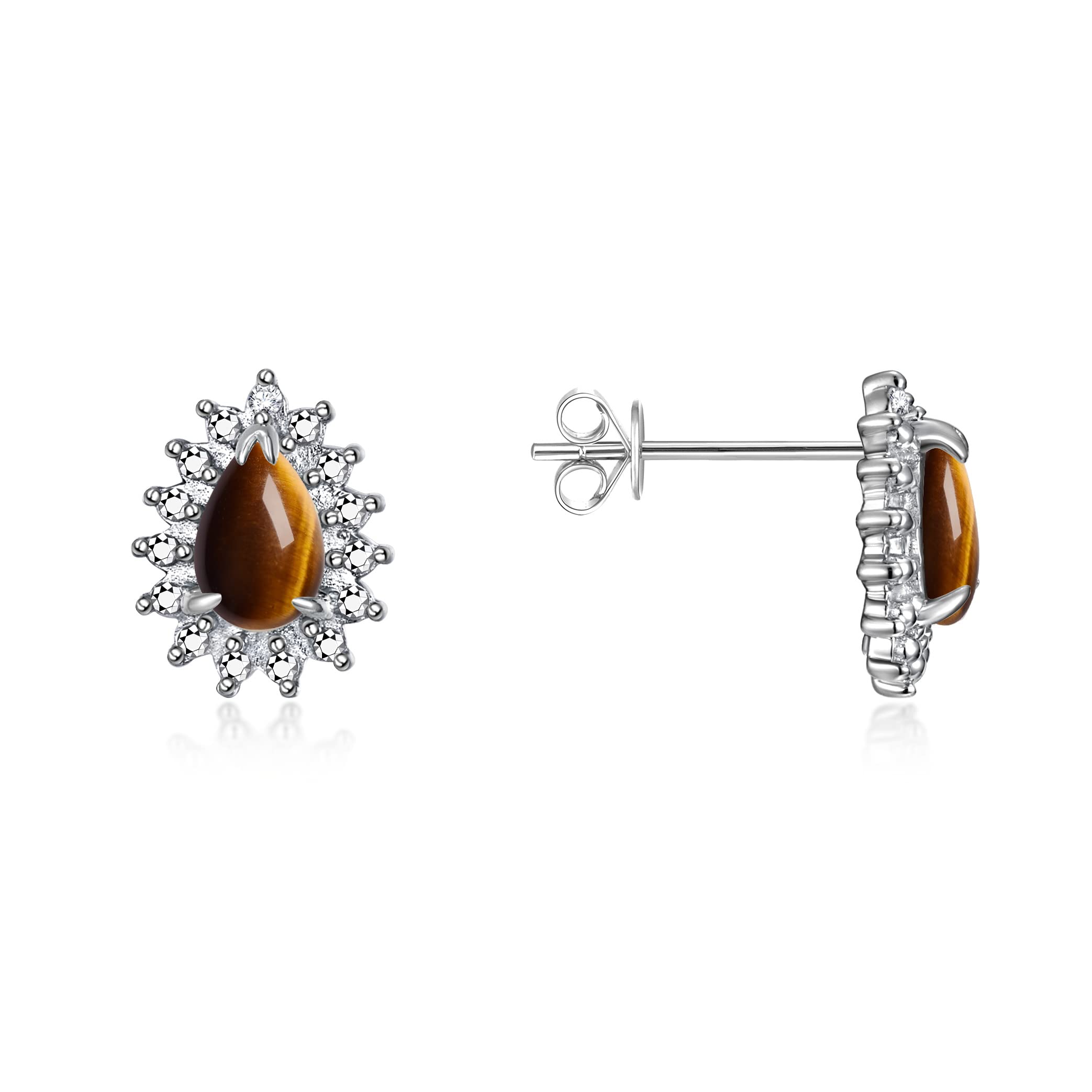 RYLOS Sterling Silver Halo Stud Earrings with 6X4MM Pear Shape Gemstone & Diamonds | Elegant Birthstone Jewelry for Women | Perfect Gift for Birthday, Anniversary & Special Occasions
