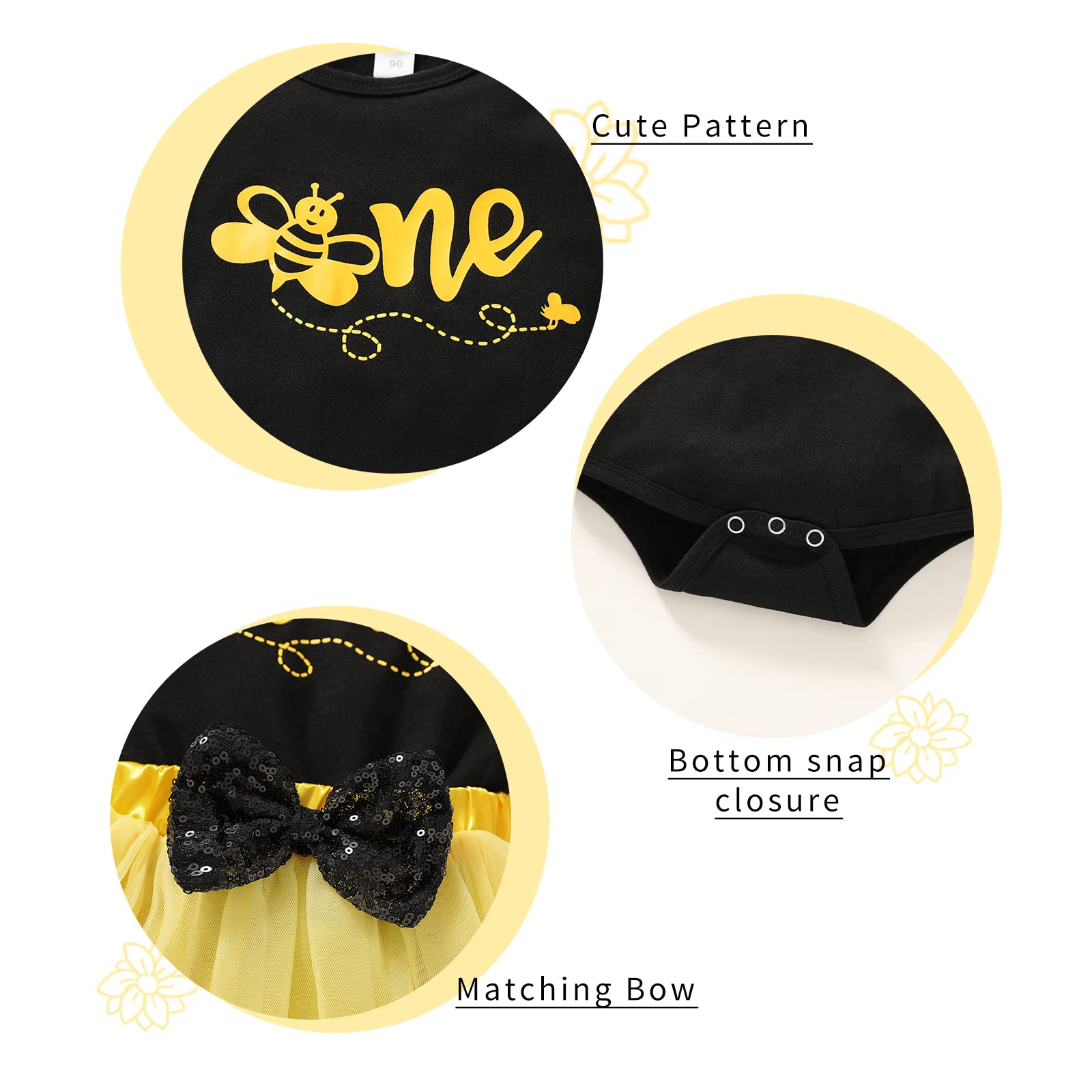 HappyBee Baby Girls' 1st Birthday Outfit - Sunflower Bee Romper with Tulle Tutu Skirt & Sequin Bow - Adorable Party Dress Set for Photoshoots, Birthday Celebrations & Special Occasions