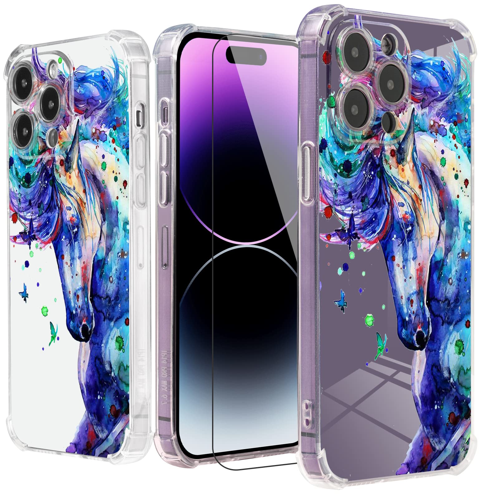 Blue Horse Watercolor Design Soft TPU Protective Case for iPhone 12 Pro Max (6.7 Inch) with Screen Protector - Shockproof 6.6 ft Drop Protection - Perfect for Everyday Use, Travel & Outdoor Activities