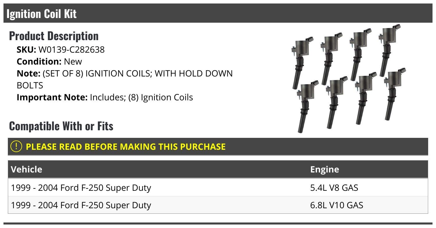High Performance Ignition Coil Kit - Set of 8 - Compatible with 1999-2004 Ford F-250 Super Duty 5.4L V8 Engine - Perfect for Engine Tune-Up & Performance Enhancement