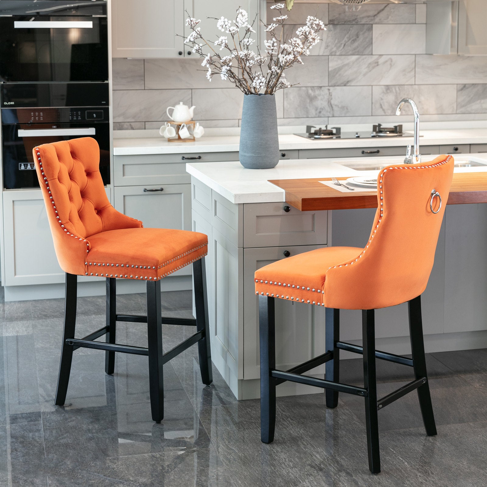 Luxury Velvet Bar Stools Set of 2 - Modern Button Tufted Bar Chairs with Wooden Legs & Chrome Nailhead Trim - Orange Upholstered Counter Stools for Kitchen Island, Home Bar & Dining Room Decor