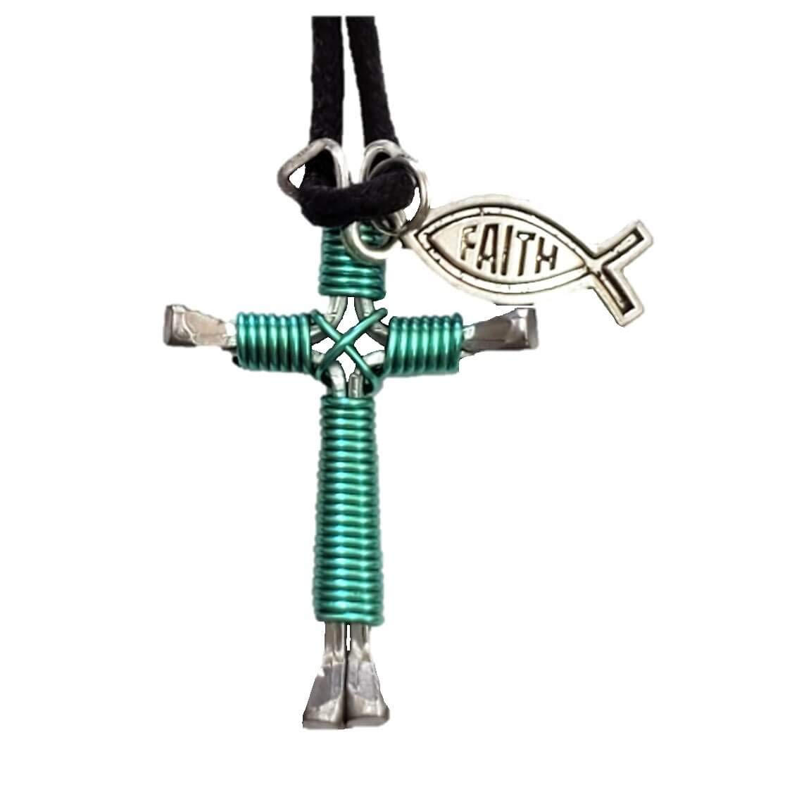 Turquoise Horseshoe Nail Cross Pendant Necklace with Faith Fish Charm - Spiritual Jewelry for Women, Christian Gift for Baptism, Confirmation & Everyday Wear